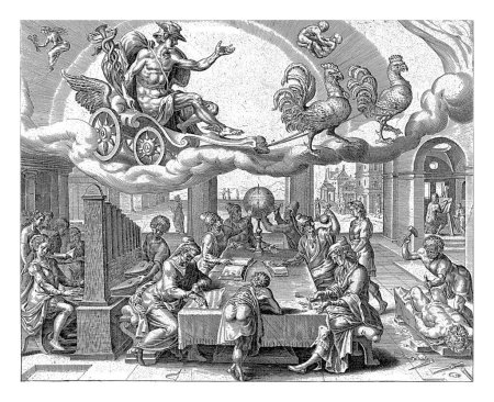 Foto de El planeta Mercurio y sus hijos, Harmen Jansz Muller, después de Maarten van Heemskerck, 1638 - 1646 Mercurio cabalga en su carro en el cielo, dibujado por dos gallos. - Imagen libre de derechos