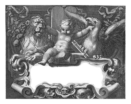 Foto de Título estampado con niño entre león domesticado y ave de presa en la parte superior del escudo con verso, Boetius Adamsz. Bolswert, después de Abraham Bloemaert, 1611 - 1661 Un niño calma o doma a un león y a un ave de rapiña. - Imagen libre de derechos