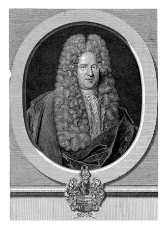 Téléchargez les photos : Portrait de Geerlof Suikers, Pieter van Gunst, 1717 - 1731 Geerlof Suikers, historien néerlandais et homme de lettres. Sous le portrait un blason. - en image libre de droit