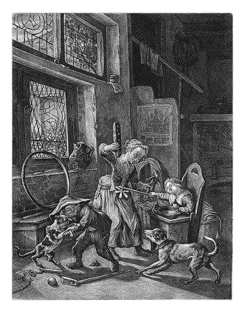 Téléchargez les photos : Enfance, Cornelis Dusart, 1680 - 1704 Intérieur avec des enfants jouant d'âges différents. Un jeune enfant s'assoit sur une chaise haute et joue avec un moulin à vent pendant qu'une fille s'occupe d'une poupée et d'un morceau de gâteau. - en image libre de droit