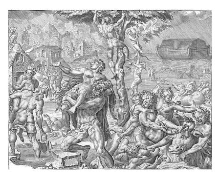 Téléchargez les photos : Le déluge, Cornelis Cort, d'après Maarten van Heemskerck, 1600 - 1652 Le déluge inonde le pays. Les humains et les animaux sont engloutis par l'eau. - en image libre de droit