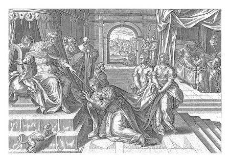 Foto de Ester antes de Asuero, Hans Collaert (I) (atribuido a), después de Jan Snellinck (I), 1585 - 1643 Ester se arrodilla ante el rey Asuero. El rey señala su cetro hacia ella como un signo de afecto. - Imagen libre de derechos