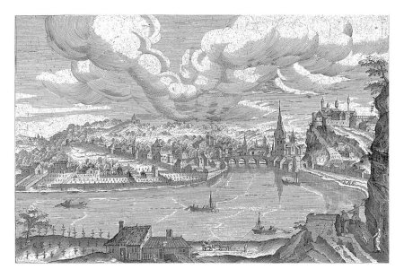 Foto de Vista de Huy, Hendrick van Cleve, 1585 Vista de la ciudad de Huy (o Huy). En primer plano los Maas y algunos barcos. La impresión es parte de una serie que representa varios lugares del Mediterráneo. - Imagen libre de derechos