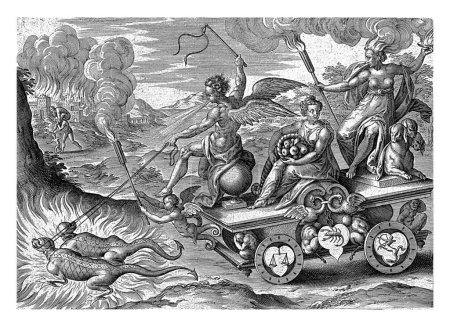 Fuego, Antonie Wierix (II), después de Marten van Cleve (I), 1565 - antes de 1604 La personificación femenina del elemento Fuego cabalga sobre un carro triunfal.