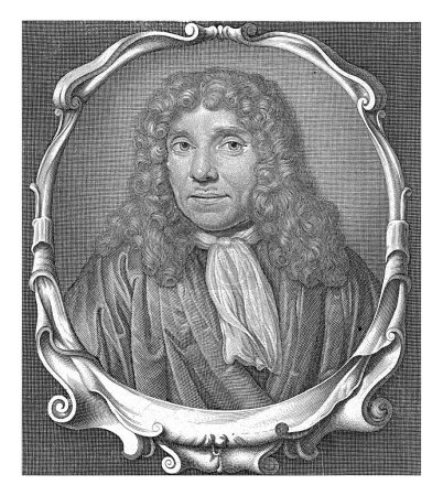 Photo for Portrait of Antonie van Leeuwenhoek, Abraham de Blois, after Jan Verkolje, 1679 - 1717 Portrait of Antonie van Leeuwenhoek, bust in oval frame with scroll ornaments. - Royalty Free Image