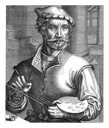 Téléchargez les photos : Portrait de Pieter Coecke van Aelst, Hendrick Hondius (I), 1610 Demi-portrait de Pieter Coecke van Aelst. En dessous du portrait se trouvent le nom et six lignes en latin. - en image libre de droit