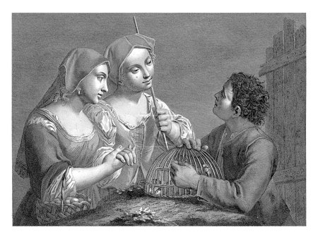 Téléchargez les photos : Deux femmes et un marchand d'oiseaux, Nicolo Cavalli, d'après Antonio Marinetti, 1740-1822, gravé vintage. - en image libre de droit