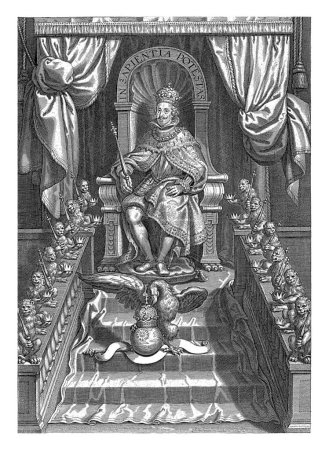 Foto de Retrato de Felipe IV, rey de España, c. 1634, Cornelis Galle (I), después de Nicolaas van der Horst, c. 1634 c. 1670 El rey español Felipe IV sentado en su trono, c. 1634. - Imagen libre de derechos