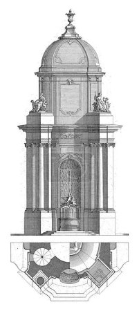 Téléchargez les photos : Fontaine avec des femmes et putti, inconnu, d'après François de Cuvillies (Sr.), 1745 Conception et plan d'étage d'une fontaine avec un dôme et putti. - en image libre de droit