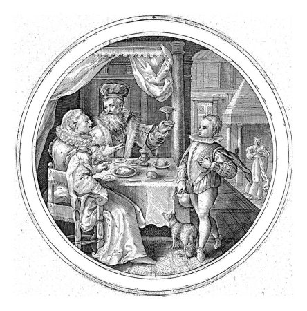 Foto de El hombre a la edad de cincuenta años, Crispijn van de Passe (I), 1574 - 1637 Salida con una pareja en una mesa. El hombre levanta el vaso.. - Imagen libre de derechos