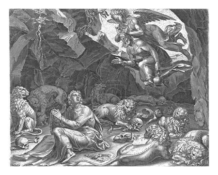 Téléchargez les photos : Daniel dans la fosse aux lions, Philips Galle, d'après Maarten van Heemskerck, 1565-1678 Daniel est emprisonné dans la fosse aux lions avec sept lions. - en image libre de droit
