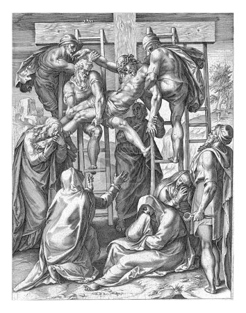 Foto de Descendiente de la Cruz, Cornelis Cort, después de Girolamo Muziano, 1568 Cristo es bajado de la cruz por Nicodemo y José de Arimatea. - Imagen libre de derechos