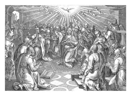 Foto de Efusión del Espíritu Santo, Claes Jansz. Visscher, después de Philips Galle, después de Jan van der Straet, 1643 - 1646 En el centro la virgen María, rodeada por los discípulos de Cristo. - Imagen libre de derechos