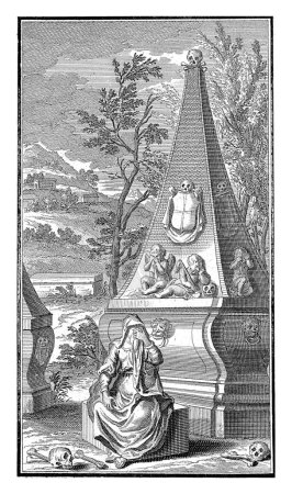 Foto de Mujer llorando en una tumba, Andries van Buysen (Sr.), después de anónimo, 1723 Una mujer velada llorando en un monumento de la tumba. La mujer se sienta en un bloque de piedra y se seca las lágrimas con un paño. - Imagen libre de derechos