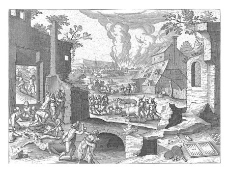 Foto de Edad del Hierro, Jan Collaert (II), después de Tobías Verhaecht, 1576 - 1628 La Edad del Hierro de la Humanidad. Soldados pasan por una aldea y saquean, matan y violan. - Imagen libre de derechos