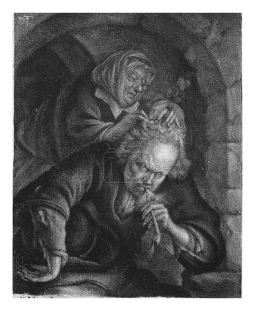 Foto de Una mujer pierde a un hombre, Jan de Groot, después de Bartolomé Maton, 1698 - 1776 En frente de un pasillo de piedra, una mujer está ocupada sacando los piojos del pelo de un hombre fumador de pipas. - Imagen libre de derechos