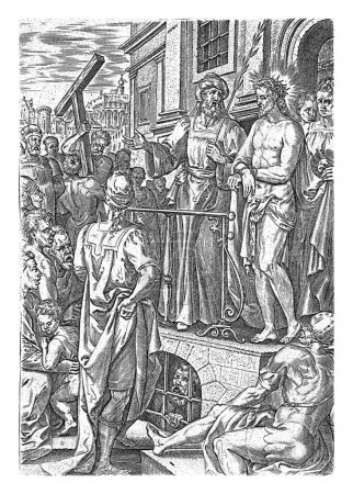 Photo for Ecce Homo, Johannes Wierix, 1583 Book illustration for the story of the Passion of Christ (John 19:5). Pontius Pilate shows Christ, crowned with thorns and mock cloak, to the Jewish people. - Royalty Free Image