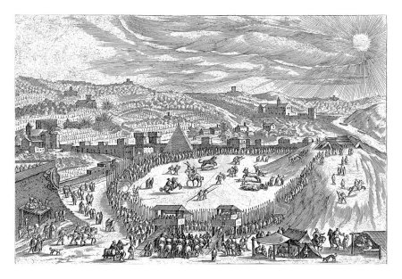 Téléchargez les photos : Vue du Monte Testaccio, Hendrick van Cleve, 1585 Vue du Monte Testaccio. Un tournoi est en cours et de nombreux spectateurs se sont rassemblés pour regarder le spectacle. - en image libre de droit