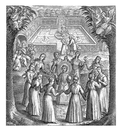 Foto de Cristo Niño Rodeado de Vírgenes, Jerónimo Wierix, 1563 - antes de 1619 Diez vírgenes forman un círculo alrededor del Niño Cristo. María se sienta al borde de un jardín, rodeada de ángeles, en el fondo. - Imagen libre de derechos