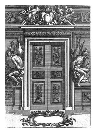Téléchargez les photos : Page titre : Papier ou ornements, Franz Ertinger, d'après Jean Lepautre, après 1657 - avant 1678 Porte richement décorée avec une corniche, lambris de bois des deux côtés avec armoiries. - en image libre de droit