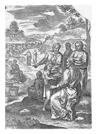 El milagro de los siete panes y los dos peces, Abraham de Bruyn, después de Crispijn van den Broeck, 1583 Ilustración del libro para la historia del milagro de los siete panes y los dos peces.