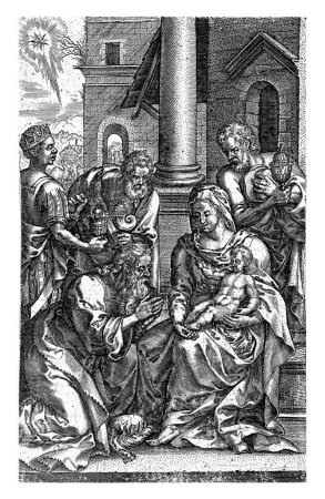 Foto de Adoración de los Magos, Johannes Wierix, después de Pieter van der Borcht (I), 1573 El Niño Jesús, sentado en el regazo de María, es adorado por los tres Reyes Magos de Oriente. - Imagen libre de derechos