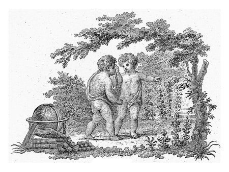 Téléchargez les photos : Vue sur la forêt avec deux putti près d'un globe et des livres, Reinier Vinkeles (I), 1751 - 1816 - en image libre de droit