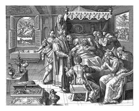 Téléchargez les photos : La mort de l'homme riche, Crispijn van de Passe (I), d'après Maerten de Vos, 1589 - 1611 L'homme riche repose sur son lit de mort. Famille et amis pleurent la mort. - en image libre de droit