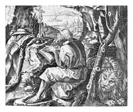 Foto de H. Hieronymus escribiendo en su cueva, Bartolomé Willemsz. Dolendo, 1589 - 1626 San Jerónimo se sienta a escribir en su cueva y mira un crucifijo. En un rincón de la cueva yace el león. - Imagen libre de derechos