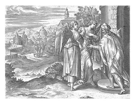 Foto de Lot y los dos ángeles, Hans Collaert (I) (atribuido a), después de Frans Menton, 1596 - 1643 Lot invita a los dos ángeles para una comida y una noche en su casa. - Imagen libre de derechos