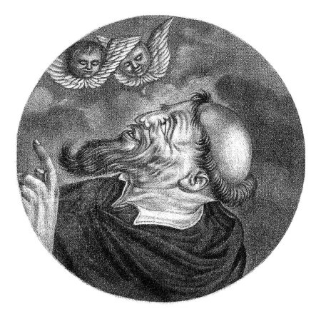 Téléchargez les photos : Moine aux anges, Jacob Gole, d'après Cornelis Dusart, 1693 - 1700 Un moine regarde deux anges. L'estampe fait partie d'une série de caricatures du clergé français sous Louis XIV. - en image libre de droit