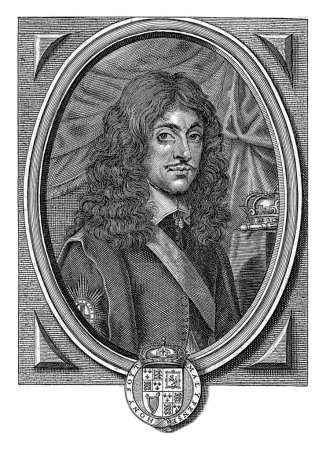 Foto de Retrato de Carlos II de Inglaterra, Frederik Bouttats (el Viejo), después de Jan van den Hoecke, 1649 - 1676 Retrato en marco oval de Carlos II de Inglaterra. Busto a la derecha. - Imagen libre de derechos