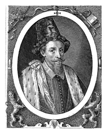 Téléchargez les photos : Portrait de Jacques Ier, Crispijn van de Passe (I), 1604 Portrait de Jacques Ier, roi d'Angleterre, à l'âge de 38 ans. Dans le lettrage de bord du cadre le nom, la fonction. - en image libre de droit