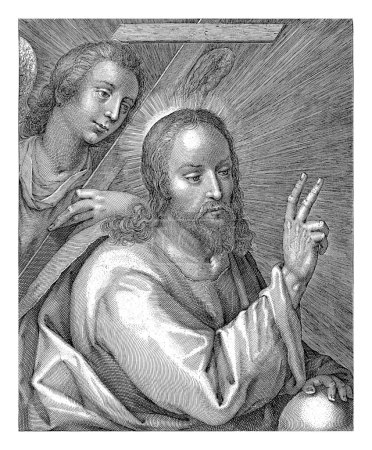 Photo for Christ as Salvator Mundi, Crispijn van de Passe (I) (possibly), after Crispijn van de Passe (I), 1574 - 1637 Christ makes a blessing gesture and rests his hand on a globe. Behind him an angel holding the cross. - Royalty Free Image