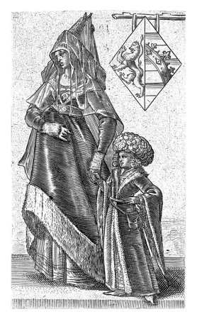 Foto de Retrato de Geertruida van Saksen, Adriaen Matham, 1620 Retrato de Geertruida van Saksen, viuda de Floris I conde de Holanda, sosteniendo a su hijo Dirk V, conde de Holanda por su mano. - Imagen libre de derechos