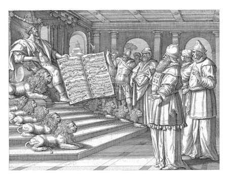 Téléchargez les photos : Le roi Salomon sur son trône, Johann Sadeler (I), après Maerten de Vos, 1643 Le roi Salomon est assis sur son trône, dont les six marches sont flanquées de chaque côté par des lions. - en image libre de droit