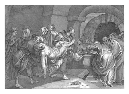 Foto de Entierro, anónimo, después de Hans Witdoeck, después de Schelte Adamsz. Bolswert, después de Pedro Pablo Rubens, 1630 - 1702 José de Arimatea y otro hombre llevan el cuerpo de Cristo a la tumba. - Imagen libre de derechos