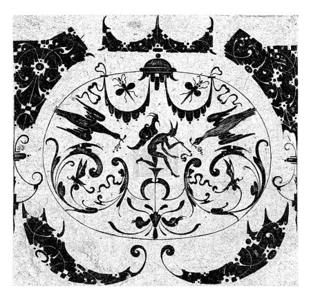 Téléchargez les photos : Ovale horizontale avec des figures entourées de cinq ornements, Jonas Bentzen, 1615 Dans l'ovale, un homme aux oreilles d'âne joue sur un châle, entouré d'oiseaux, d'insectes et de volutes stylisées. - en image libre de droit