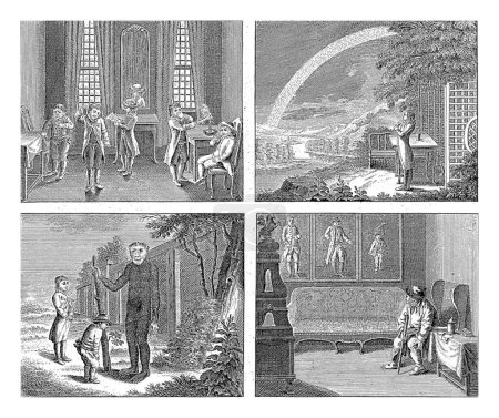 Foto de Cuatro escenas sobre las propiedades del alma, placa 1, Jan Evert Grave, 1786 - 1806 Cuatro escenas sobre el alma del hombre. Arriba a la izquierda, marcado A. 1-7: cinco niños en un salón. - Imagen libre de derechos