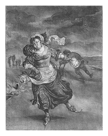 Foto de Mujer patinando, Jacob Gole, después de Cornelis Dusart, 1670-1724 Una mujer patina sobre el hielo, sus faldas revoloteando en el viento. Tiene un manguito en la mano. Detrás de ella un patinador y unas figuras cerca de un agujero. - Imagen libre de derechos