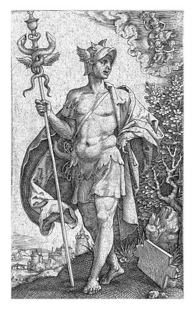 Merkur, Monogrammist IB (16. Jahrhundert), 1528 Merkur, ein Helm mit Flügeln auf dem Kopf und ein Stab mit zwei Schlangen in der rechten Hand. Am Himmel die beiden Sternbilder Jungfrau und Zwillinge.