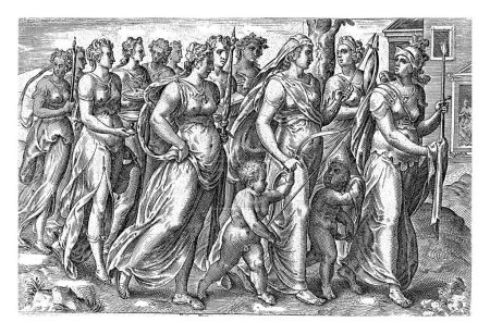 Foto de Virtudes en el camino a la novia, Johannes Wierix (posiblemente), después de Gerard van Groeningen, 1574 Las personificaciones femeninas de varias virtudes caminan en una procesión a la casa de la novia (Sponsa). - Imagen libre de derechos