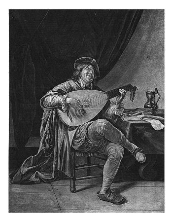 Téléchargez les photos : Autoportrait de Jan Steen comme luthiste, Jacob Gole, d'après Jan Havicksz. Steen, 1670 - 1724 Autoportrait du peintre Jan Steen. Il joue du luth et sourit au spectateur. - en image libre de droit