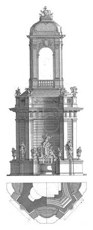 Téléchargez les photos : Fontaine avec Neptune, inconnue, d'après François de Cuvillies (Sr.), 1745 Conception et plan d'une fontaine avec putti et Neptune. - en image libre de droit