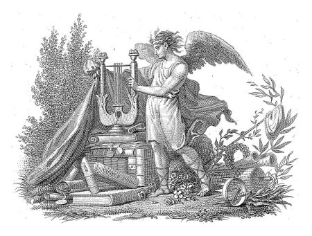 Foto de Ángel con una lira con libros en un paisaje, Philippus Velijn, después de Jacob Smies, 1797 - 1836 Un ángel con una lira con una pila de libros en un paisaje. - Imagen libre de derechos