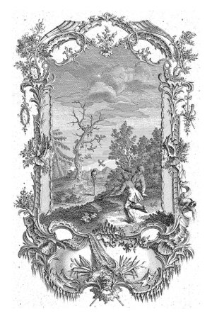 Téléchargez les photos : Chasseurs d'oiseaux, Carl Albert von Lespilliez, d'après François de Cuvillies (Sr.), 1745 Deux chasseurs d'oiseaux pointent vers une chouette et des oiseaux dans un arbre au fond du paysage. - en image libre de droit