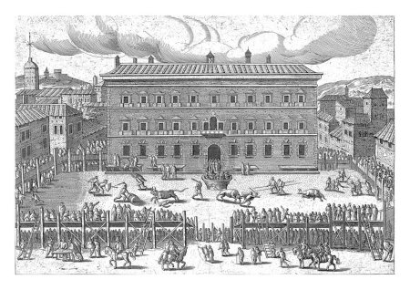 Photo for View of the Palazzo Farnese, Hendrick van Cleve, 1585 View of the Palazzo Farnese and Piazza Farnese. There's a bullfighting tournament going on. There are many spectators. - Royalty Free Image