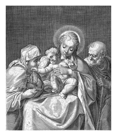 Foto de Sagrada Familia con Santa Ana, Dominicus Custos, c. 1579 - c. 1615 María se sienta en una silla con el Niño en su regazo. Justo al lado de su Joseph apoyado en un palo. - Imagen libre de derechos
