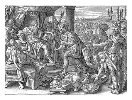 Foto de Holofernes ante Nabucodonosor, Maerten de Vos, 1596 - 1643 El rey de los asirios Nabucodonosor se sienta en un trono y convoca a su comandante en jefe Holofernes. - Imagen libre de derechos