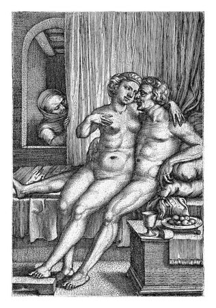 Foto de Abraham y Agar espiados por Sarah, Georg Pencz, 1546 - 1550 Abraham y Agar se abrazan en una cama y Sarah los espía desde detrás de una cortina. - Imagen libre de derechos